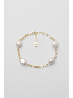 Doğal Inci Taşlı 18 Ayar Sarı Altın Kaplama 21 cm Gümüş Zincir Bileklik