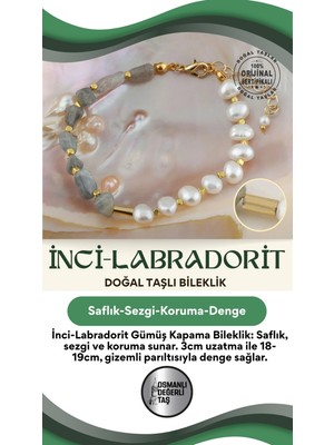 Doğal Taş Gümüş Kapama Bileklik, 18-19CM, 3cm Uzatma, Inci-Labradorit Renkli