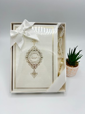 2'li Krem Çeyizlik ve Hediyelik Seti, Yaldızlı Kuran-I Kerim ve Tesbih