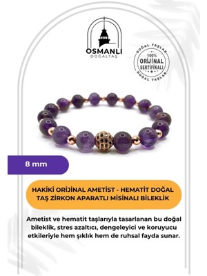 Renkli 8mm Ametist Hematit Taşlı Mıknatıslı Bileklik, Zirkon Detaylı ve Sertifikalı