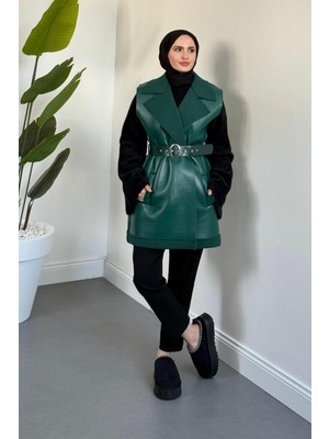 Merven Akyüz Amarila Deri Görünümlü Yelek Yeşil