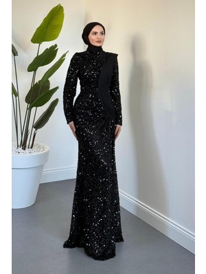 Merven Akyüz  Felina Önden Drape Balık Abiye Siyah