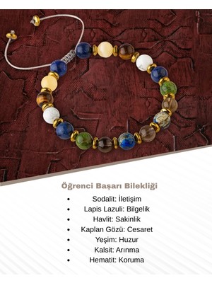 Renkli Öğrenci Başarı Bilekliği Doğal Taşlar, Sodalit, Lapis Lazuli, Kaplan Gözü, Hematit