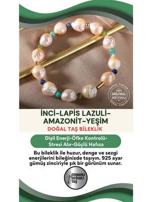 Doğal Taş Gümüş Bileklik, 16-17 Cm, Inci, Lapis Lazuli, Amazonit, Yeşim, Beyaz