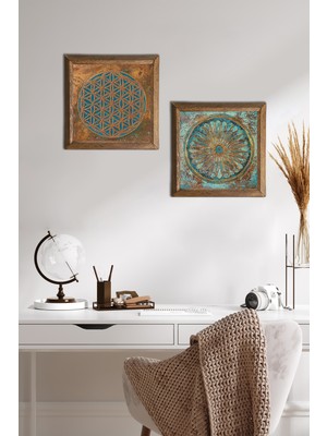 Canlı Renkli Yaşam Çiçeği Taş Duvar Tablosu, Ahşap Çerçeveli, 2 Parça Dekor Seti