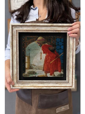Renkli Çerçeveli Taş Tablo 30X30 cm Osman Hamdi Kaplumbağa Terbiyecisi