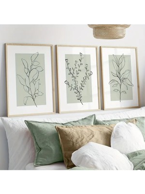 Yeşil 3'lü Ahşap Çerçeveli Uv Baskı Soyut Yaprak Tablo Seti