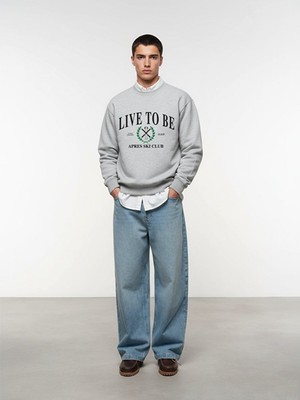 LTB Uzun Kollu Sıfır Yaka Slogan Baskılı Gri Sweatshırt