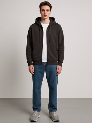 LTB Kapüşonlu Fermuarlı Cepli Basıc Antrasit Sweatshırt