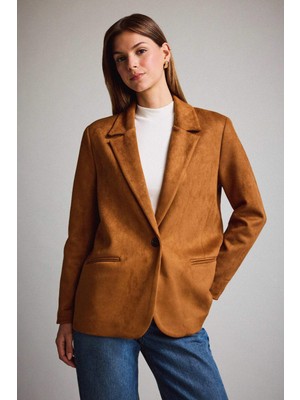 DeFacto Kadın Oversize Süet Blazer Ceket Yaka  E2779AX25AU Cepli Kahve Renkli Şık Tasarım