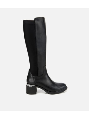 Hotiç Kadın Siyah Streç Metal Detaylı Topuklu Çizme