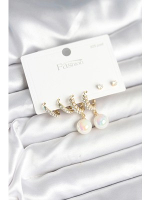 Kahsen Store Pirinç Gold Renk Incili 925 Ayar Gümüş Çivi Kadın Küpe Seti