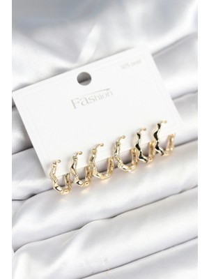 Kahsen Store Gold Renk Pirinç Zikzak Model 925 Ayar Gümüş Çivili Kadın Küpe Seti