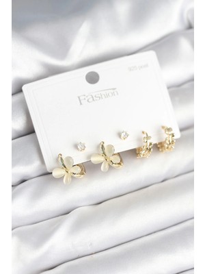 Kahsen Store Kelebek Model Gold Renk Pirinç 925 Ayar Gümüş Çivili Kadın Küpe Seti