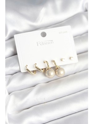 Kahsen Store Pirinç Gold Renk Inci Detaylı 925 Gümüş Çivili Kadın Küpe Seti