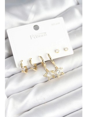 Kahsen Store Pirinç Gold Renk Yıldız Model 925 Gümüş Çivili Kadın Küpe Seti