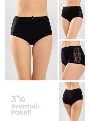 Baykar Kadın Klasik Pamuklu Yanları Dantelli Düz Bato Külot 3'lü Paket Siyah