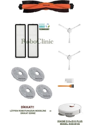 Roboclinic Xiaomi Robot Vacuum S10+ / S10 Plus Robot Süpürge Uyumlu Yedek Ana Fırça, Yan Fırça, Hepa Filtre, Mop - 11 Parça