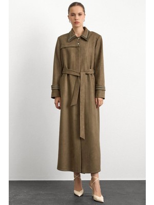 Olcay Gömlek Yaka Işleme Detaylı Süet Görünümlü Büyük Beden Pardesü A.haki 6785