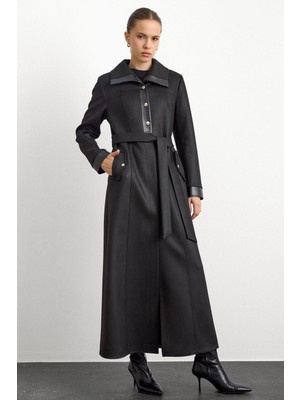 Olcay Deri ve Çıt Çıt Aksesuarlı Gabardin Süet Pardesü Siyah 6793