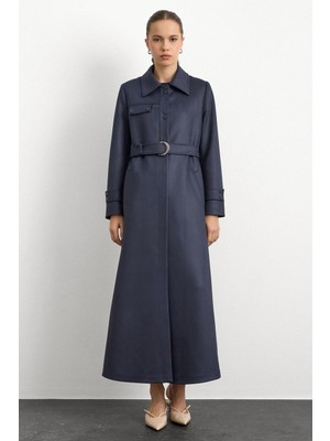 Olcay Gömlek Yaka Çıt Çıt ve Deri Detaylı Gabardin Süet Pardesü Lacivert 6799