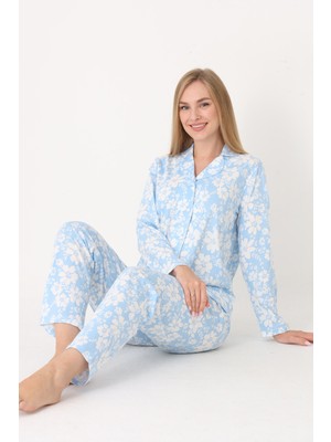 Nbb Mavi Flower Effect Önden Düğmeli Pijama Takımı