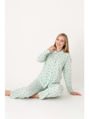 Nbb Yeşil Polka Dot Önden Düğmeli Pijama Takım