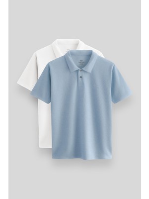Tommy Life Standart Fit Basic Polo Yaka 2li Paket Beyaz-Buz Mavi Erkek T-Shirt - 87748
