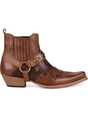 FootCourt Taba Erkek Kovboy Botu Hakiki Deri Slip-on Bağlama ile Günlük Kullanım İçin Şık