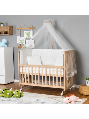 Bamgidoo Ahşap Beşik Anne Yanı Beşik Organik 60X120 - Beyaz Güpür Uyku Seti + Yataklı + Tekerlekli