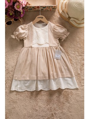 Cansın Mini Bej Kız Çocuk Dantel Detaylı Kolu Fırfırlı Elbise  22684