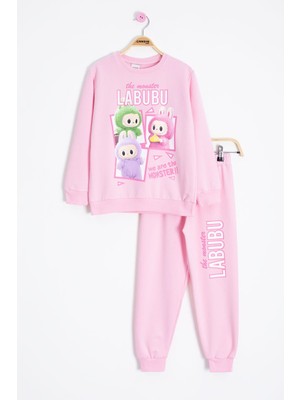 Cansın Mini Pembe Karakter Baskılı Bisiklet Yaka Kız Eşofman Takımı 23275