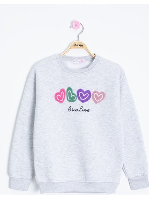 Cansın Mini Gri Kalp Nakışlı Bisiklet Yaka Kız Çocuk Şardonlu Sweatshirt 23252