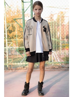 Cansın Mini Kız Çocuk Kolej Hırka Bej 21195 Uzun Kol Baskılı 3 İplik Şardonlu Kumaş