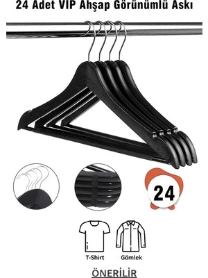 Vip Home Concept Ahşap Görünümlü Plastik Askı 24 Adet Elbise Askısı Siyah Vıp