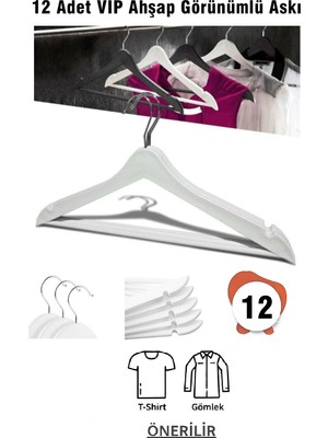 Vip Home Concept Ahşap Görünümlü Plastik Askı 12 Adet Elbise Askısı Beyaz Vıp