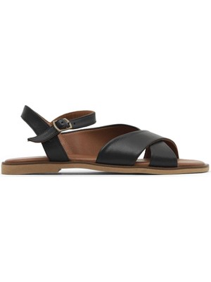 Bueno Shoes Siyah Khv-Bej Deri Kadın Düz Sandalet 01WA5703 01WA5703