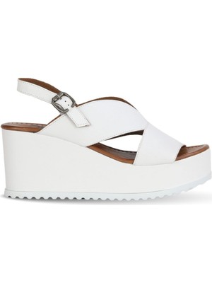 Bueno Shoes Beyaz Deri Kadın Dolgu Topuklu Sandalet 01WA5600 01WA5600