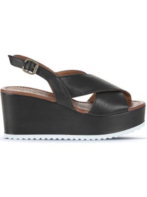 Bueno Shoes Siyah Deri Kadın Dolgu Topuklu Sandalet 01WU7001 01WU7001