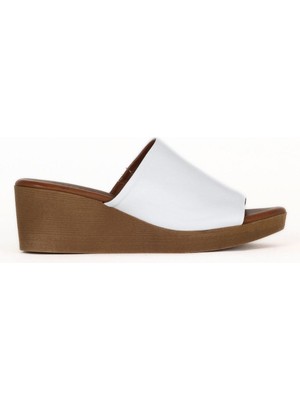 Bueno Shoes Beyaz Deri Kadın Dolgu Topuklu Terlik 01WE3903 01WE3903