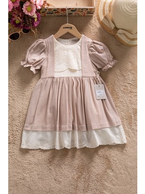 Cansın Mini Kahverengi Kız Çocuk Dantel Detaylı Kolu Fırfırlı Elbise  22683