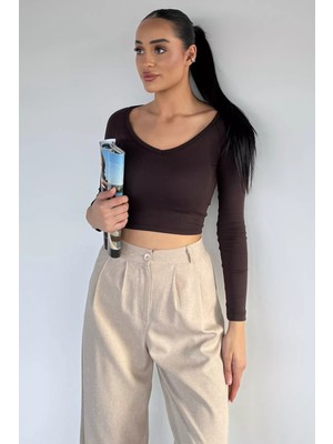 Gülseli Kadın V Yaka Uzun Kol Likralı Slim Fit Body Bluz P-00018623