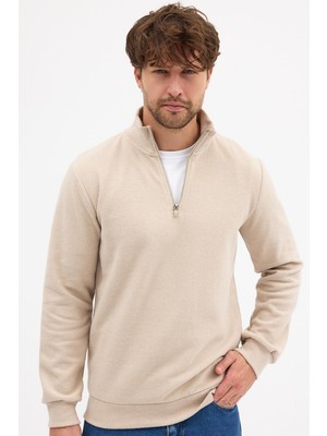 Mmetalic Erkek Bej Standart Fit Normal Kesim Pamuklu Yarım Fermuarlı Dik Yaka Pamuklu Sweatshirt