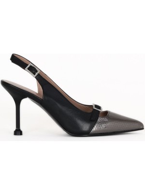 Bueno Shoes Siyah Deri-Çelik Yılan Kadın Topuklu Ayakkabı 33WG7588 33WG7588