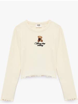 Koton Uzun Kollu Bisiklet Yaka Ayıcık Nakışlı Pamuklu Tişört