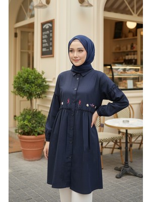 Neva Style Nakış Desenli Lacivert Tesettür Tunik 40603L