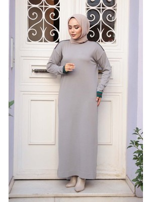 Gri Merserize Triko Tesettür Elbise 36291GR