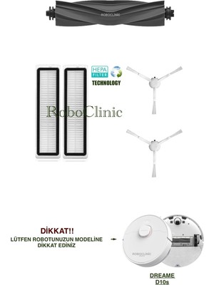 Roboclinic Dreame Bot D10S Robot Süpürge Uyumlu Yedek Ana Fırça, Yan Fırça, Hepa Filtre - 5 Parça
