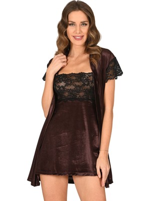 Sistina Zengezur Kahverengi Kadife Sabahlık & Gecelik Takım 2' Li - 1429 - Beden S/m