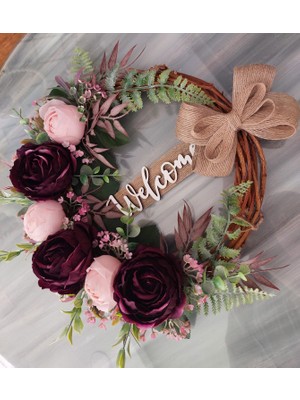 Lolipophobi Pembe Mor Şakayıklı Kapı Süsü 35 Cm, Çelenk, Dekor, Hediye, Ev Dekorasyon, Yapay Çiçek, Dış Kapı Dekor,